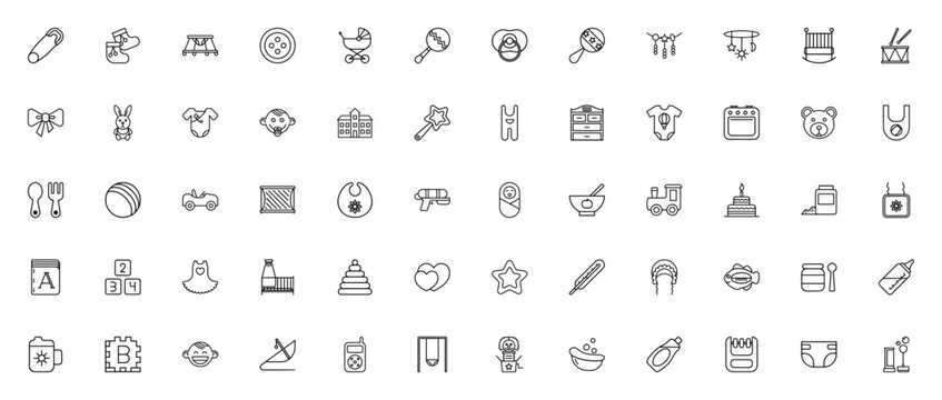 Newborn baby icon set. Minimal vector icons pack. Includes symbols for baby walker, stroller, clothes, bottle, rattle, diaper, cradle, bath, toys, nursery, baby monitor, and more. Editable vector stro