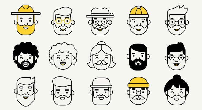 Diverse illustrated faces set