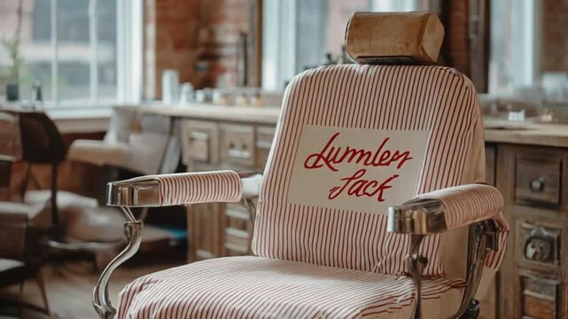 Vintage barber chair in salon with red and white striped fabric