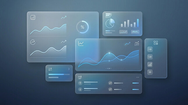 Data visualization interface with transparent floating cards showing graphs, charts, and progress bars in modern digital style, conveying analysis and technology