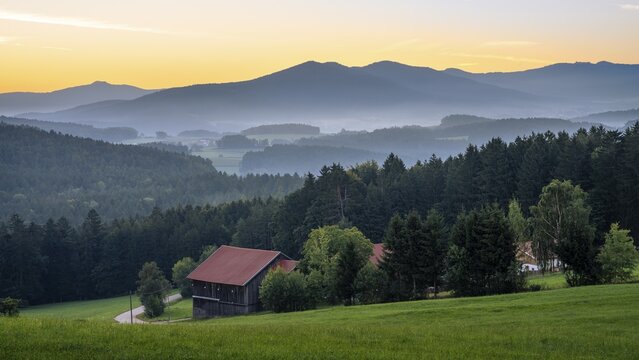 Landscape with forest, meadows and mountains around the town of Bad K&ouml;tzting, with the Kaitersberg in the centre. In the morning in front of sunrise. District of Cham, Upper Palatinate, Bavarian Forest, Bavaria, Germany
