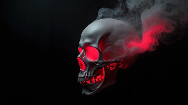 Sinister smoking skull with red light in dark horror atmosphere