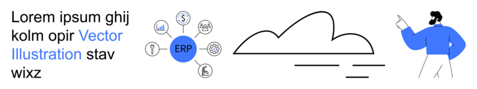 Business management, cloud computing, data analysis, ERP systems, organizational software, digital transformation. ERP system with icons and professional pointing. Business management and cloud