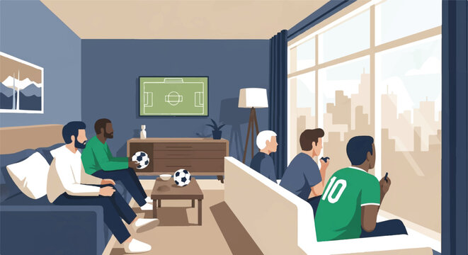 Diverse roommates in a minimalist high-rise apartment watching a game, looking out a large window at the city. Palette: beige, slate blue, white, and emerald. Minimalist flat vector artwork,