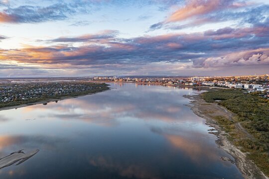 Cloud reflections on the Tom river, Tomsk, Tomsk Oblast, Russia