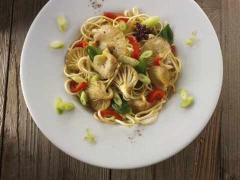 Yellow Oyster mushroom stir fry with noodles, mange tout, red pepper, spring onions and anise
