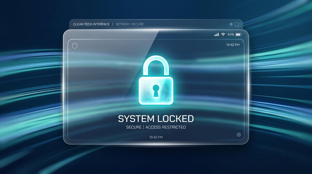 System locked screen with glowing lock icon and secure access restricted message on clean tech interface with blue flowing lines background