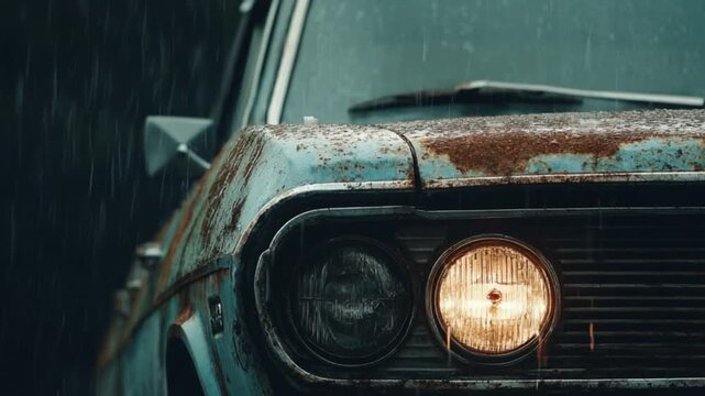 Vintage car headlight illuminated in rain with turquoise and rust