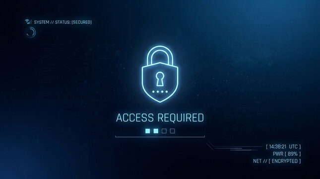 Access required message with glowing lock icon on dark digital interface, symbolizing secure system access and encrypted network protection in futuristic style