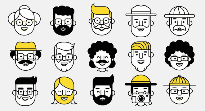 Diverse illustrated faces set