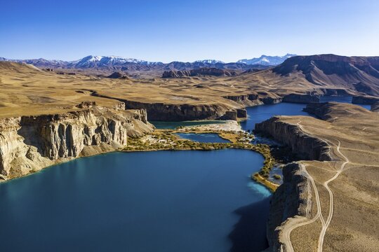 Aerial of the deep blue lakes of the Unesco National Park, Band-E-Amir National Park, Afghanistan