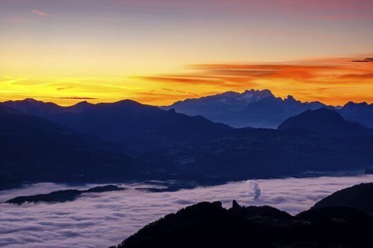Dawn with a view of the Osterhorn group and Dachstein, fog in the valley, Marktschellenberg, Berchtesgadener Land, Upper Bavaria, Bavaria, Germany