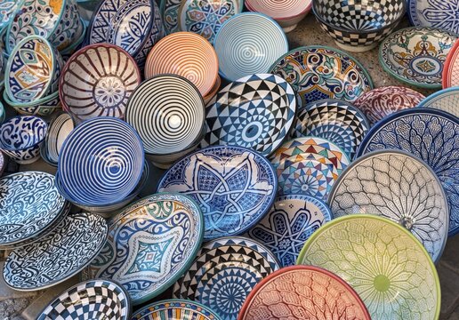 Painted ceramic plates on sale in Marrakech souks, Marrakech, Morocco