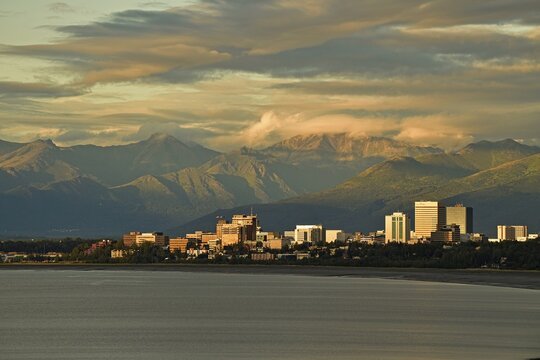 Anchorage skyline with view of Chugach mountain range, Alaska, USA