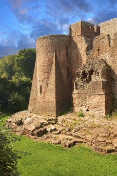 The 12th century medieval Norman ruins of Goodrich Castle fortifications, Goodrich, Herefordshire, England, United Kingdom