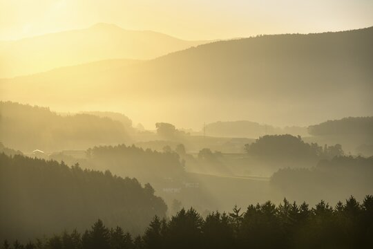 Landscape with forest, meadows and mountains around the town of Bad K&ouml;tzting, with a part of the Kaitersberg in the background on the right. In the morning at sunrise. District of Cham, Upper Palatinate, Bavarian Forest, Bavaria, Germany