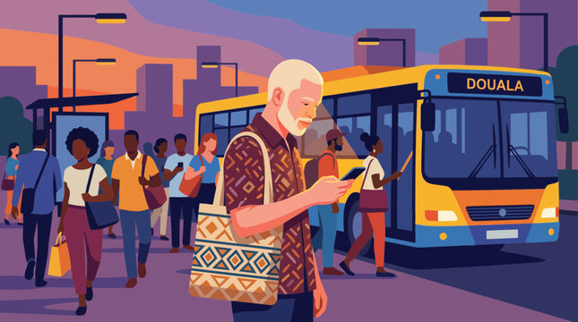 Busy City Bus Stop with Diverse Commuters and Man with Albinism