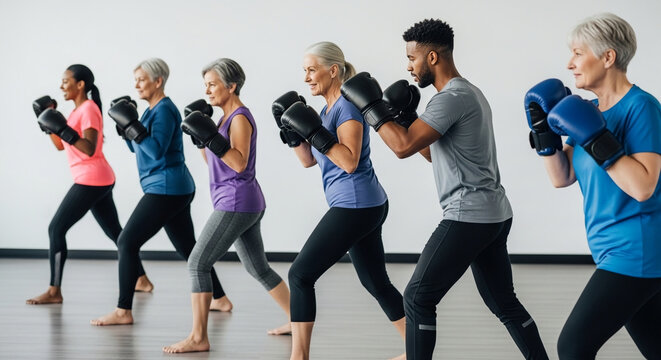 Active Senior Women and Diverse Male Instructor Exercising in Boxing Fitness Class at Modern Gym Studio for Healthy Aging Lifestyle Concept