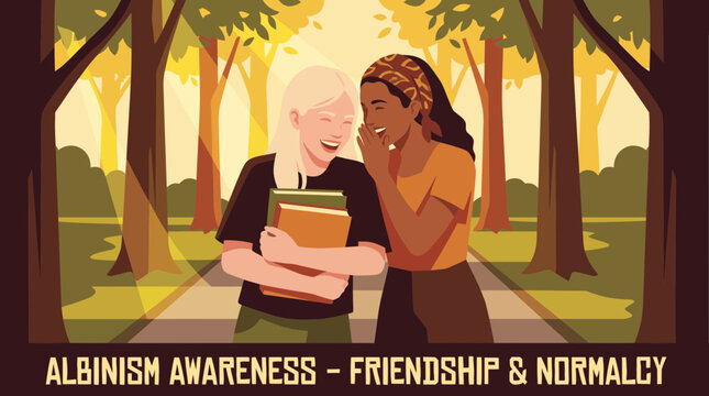 Two Diverse Friends Laughing in Park for Albinism Awareness