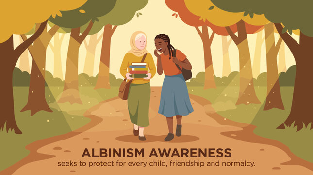 Diverse Friends Walking in Autumn Forest for Albinism Awareness