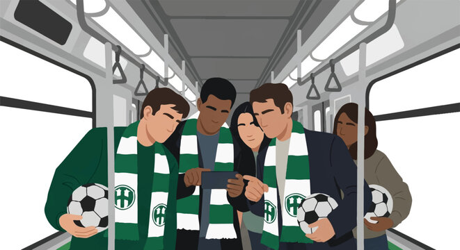 Diverse commuters in a subway car wearing generic team scarves and holding soccer balls, looking at a smartphone screen together, urban transit interior, bright artificial lighting, palette of