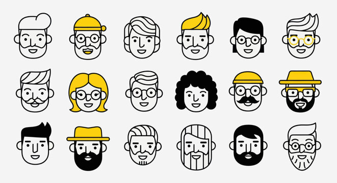 Diverse illustrated faces on white background