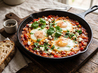 Fototapeta premium Skillet Shakshuka Cooking Gourmet Eggs with Feta for Rustic Homemade Breakfast 