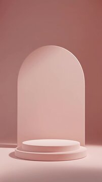 Round podium on a blush pink arch backdrop inside a minimalist studio with subtle shadow overlay.