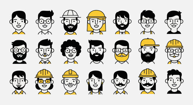 Diverse illustrated faces set for design