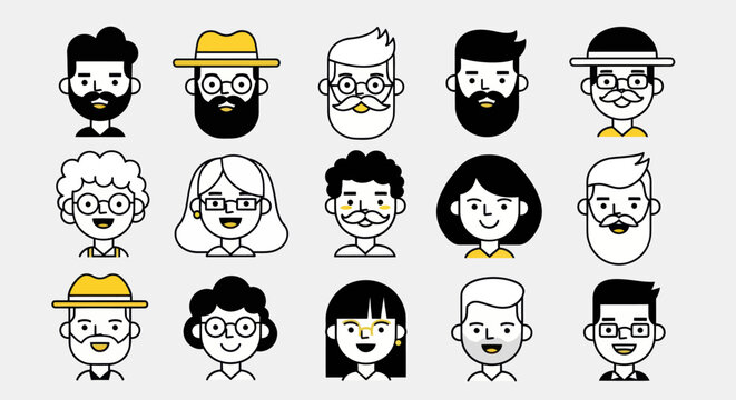 Diverse illustrated faces on white background