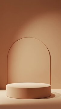 Circular pedestal standing in front of a warm beige architectural arch structure with soft shadows.