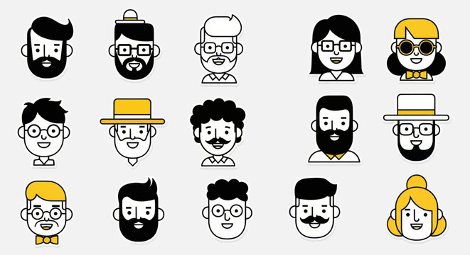Diverse illustrated faces set for design