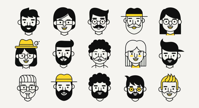Diverse illustrated faces on white background