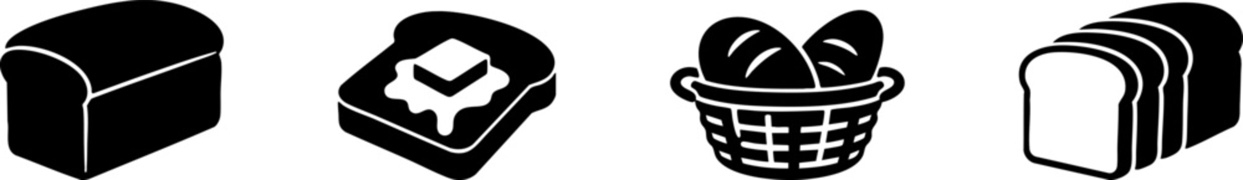 Four black and white icons of bread: a loaf, a slice with butter, a basket of rolls, and sliced bread.