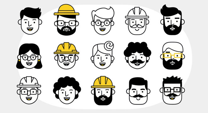 Diverse illustrated faces set for design