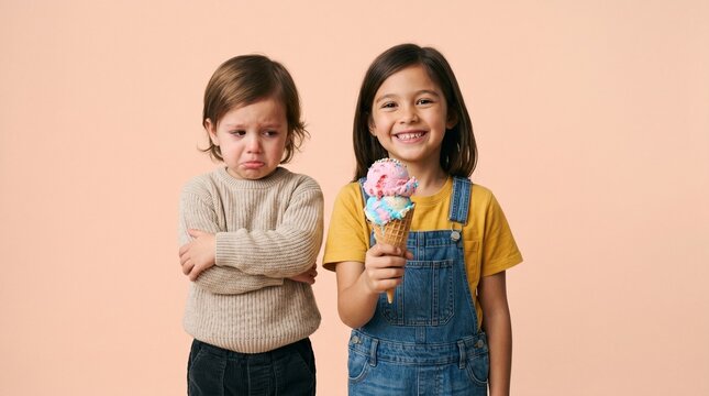 A smiling girl holding a colorful ice cream cone next to a sad, crying boy with crossed arms