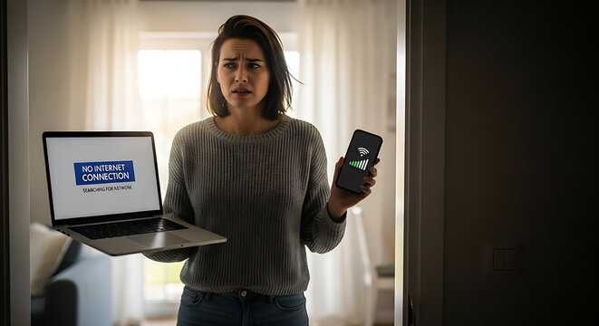 Woman frustrated with no internet connection on laptop and phone during daytime