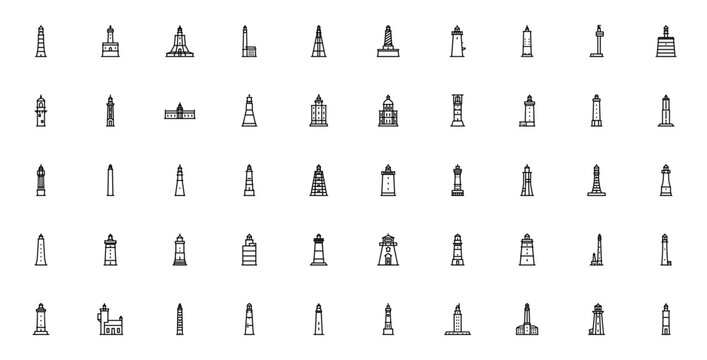 Lighthouse icon set. Vector illustration. Minimal line art icons. Featuring Smeatons Tower, La Teignouse, Svyatonossky, Roches Douvres, Rawley Point, and more. Editable stroke.