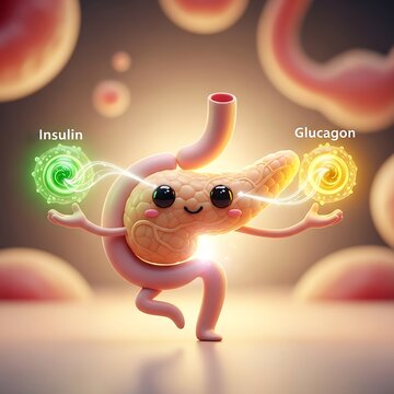3D illustration of insulin and glucagon hormones in pancreas.
