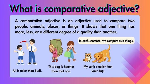 Visual educational presentation demonstrating the formation and usage of comparative adjectives with character illustrations and relatable examples for grammar learning