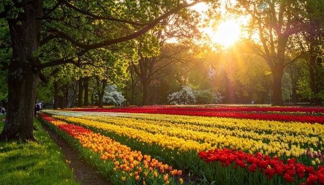 Colorful tulip field at sunset