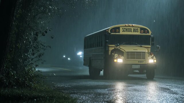 Yellow school bus driving along dark road at night under rain