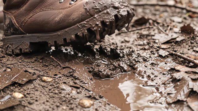 Close up of a brown leather hiking boot stepping heavily into a muddy puddle, splashing dirty water and lifting up covered in thick mud on an outdoor nature trail