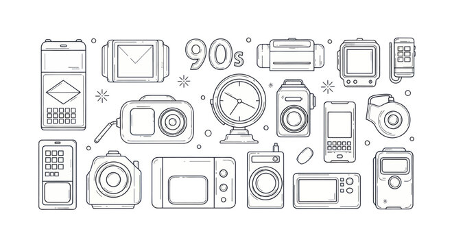 Collection of 1990s electronic gadgets and devices in outline style.