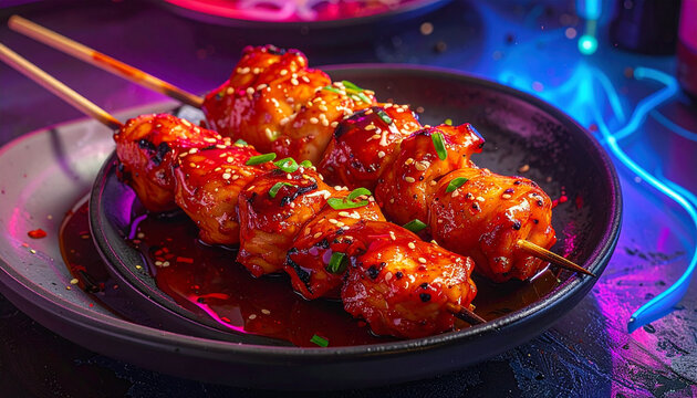 Delicious yakitori chicken skewers neon