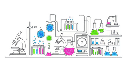 Naklejka premium Scientific Laboratory Equipment and Experiments, Colorful Liquid Reactions