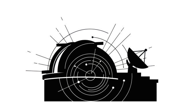 Astronomical Observatory Silhouette with Satellite Dish and Cosmic Rays