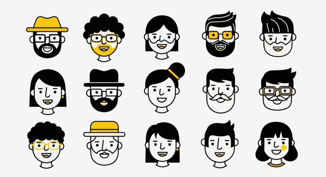 Diverse illustrated faces set