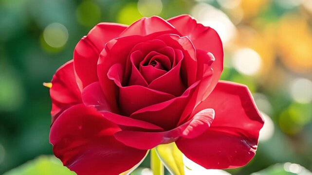 Time lapse of a vivid red rose blooming and opening its petals in a bright sunlit garden with a green bokeh background