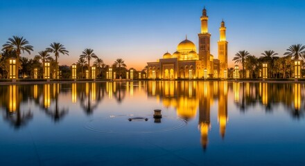 Obraz premium Evening view of a grand building reflected in calm water with palm trees